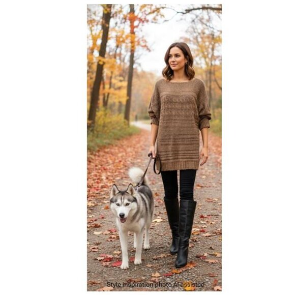 MAX STUDIO, Tan cable knit tunic sweater with metallic threading - Picture 2 of 9